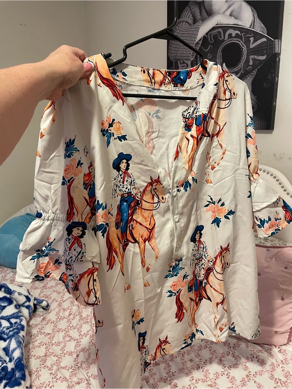 Floral Western Print button up top with V neck and ruffled sleeves